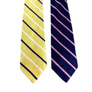 2 Brooks Brother Makers Men’s Silk Ties Stripe Yellow Navy Pink USA Made